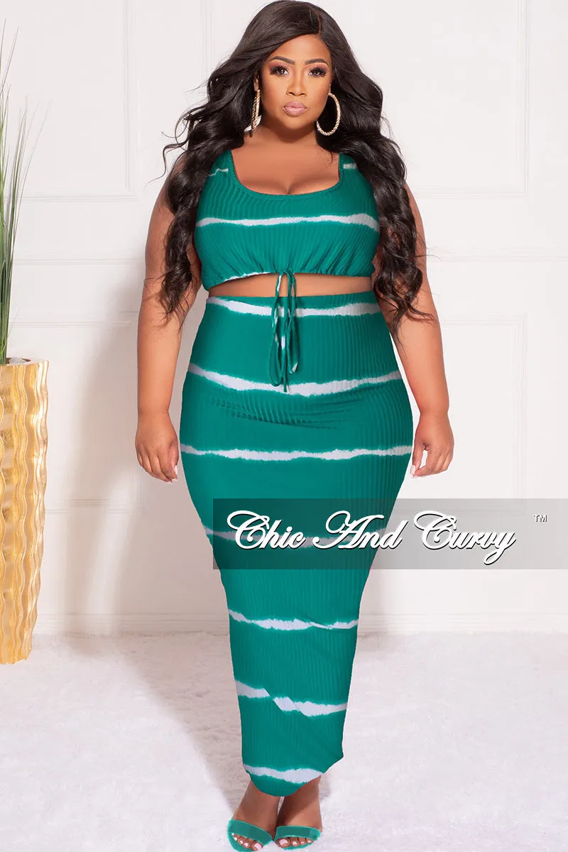 Final Sale Plus Size Ribbed 2pc Crop Drawstring Top and Pencil Skirt Set in Green and White Stripe Print