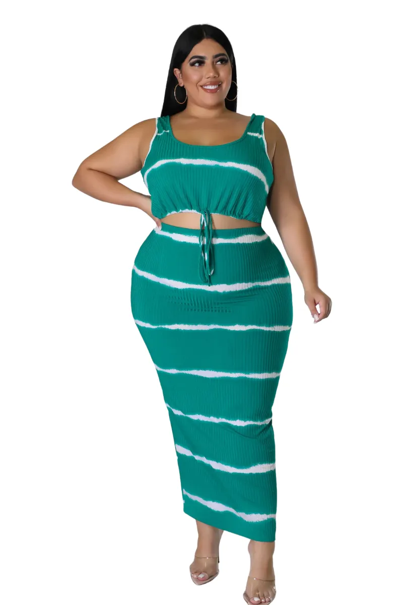 Final Sale Plus Size Ribbed 2pc Crop Drawstring Top and Pencil Skirt Set in Green and White Stripe Print