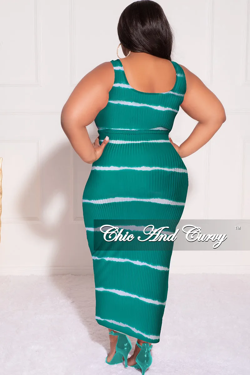 Final Sale Plus Size Ribbed 2pc Crop Drawstring Top and Pencil Skirt Set in Green and White Stripe Print