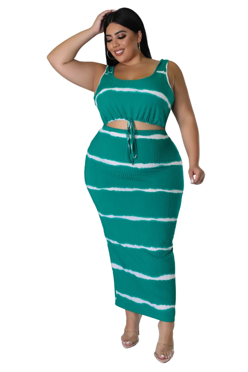 Final Sale Plus Size Ribbed 2pc Crop Drawstring Top and Pencil Skirt Set in Green and White Stripe Print