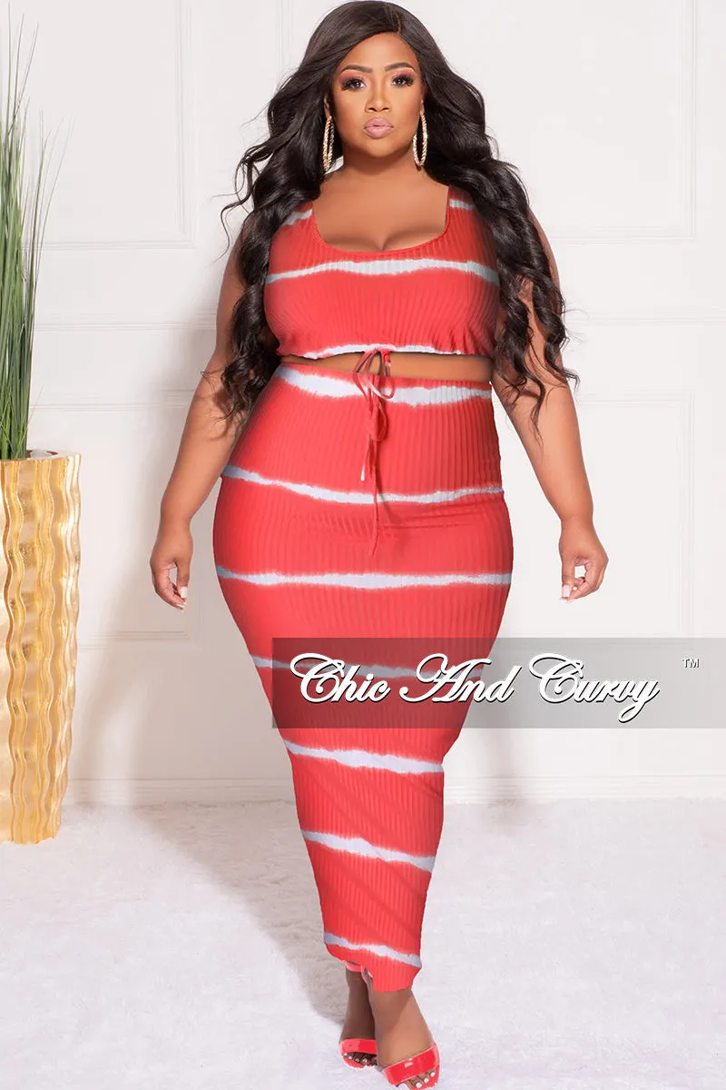 Final Sale Plus Size Ribbed 2pc Crop Drawstring Top and Pencil Skirt Set in Red and White Stripe Print