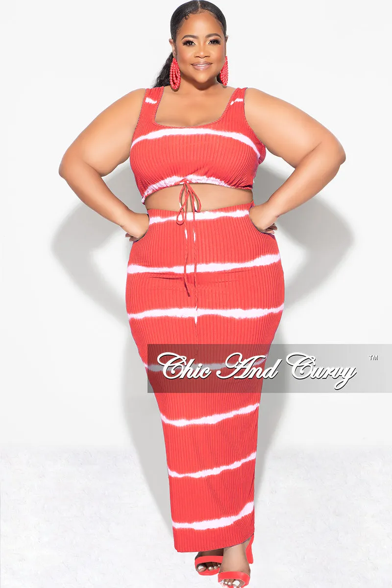 Final Sale Plus Size Ribbed 2pc Crop Drawstring Top and Pencil Skirt Set in Red and White Stripe Print