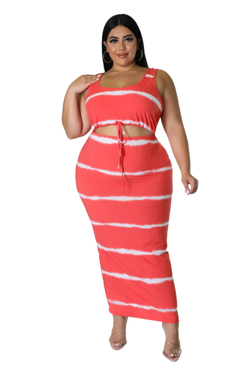 Final Sale Plus Size Ribbed 2pc Crop Drawstring Top and Pencil Skirt Set in Red and White Stripe Print