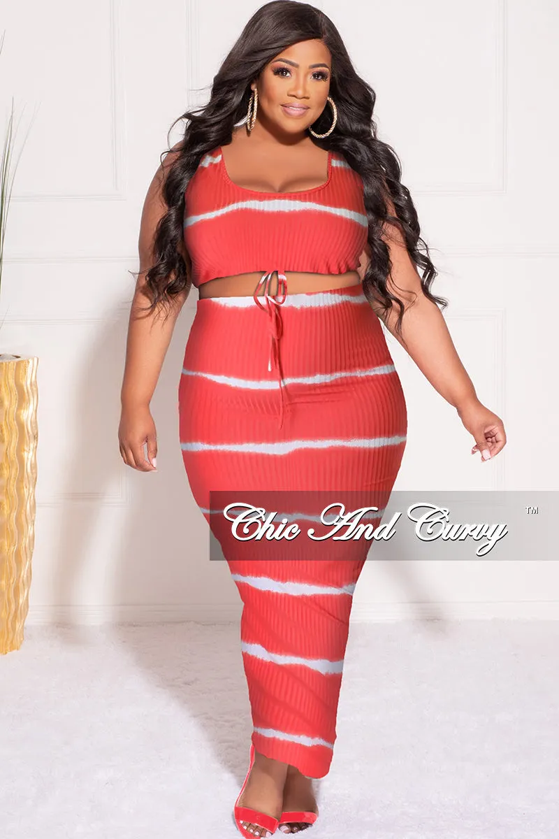 Final Sale Plus Size Ribbed 2pc Crop Drawstring Top and Pencil Skirt Set in Red and White Stripe Print