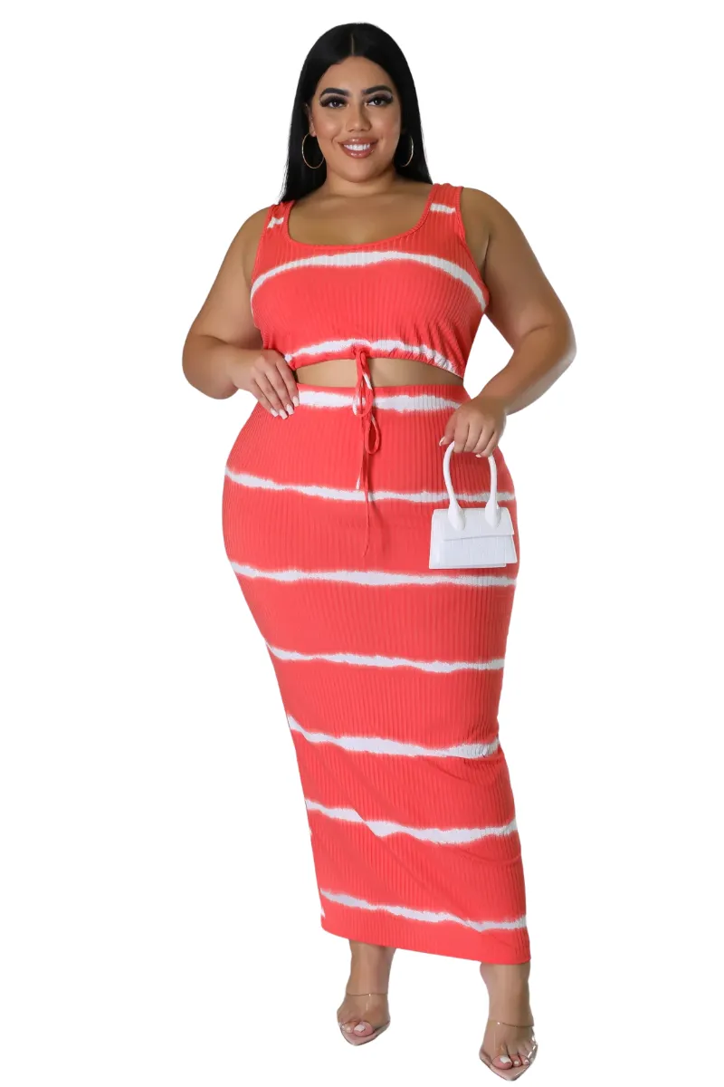 Final Sale Plus Size Ribbed 2pc Crop Drawstring Top and Pencil Skirt Set in Red and White Stripe Print