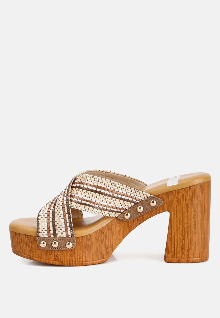 FInley Raffia High Block Heel Clogs In Tan