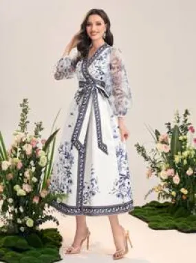 Floral Print Lantern Sleeve Belted Dress