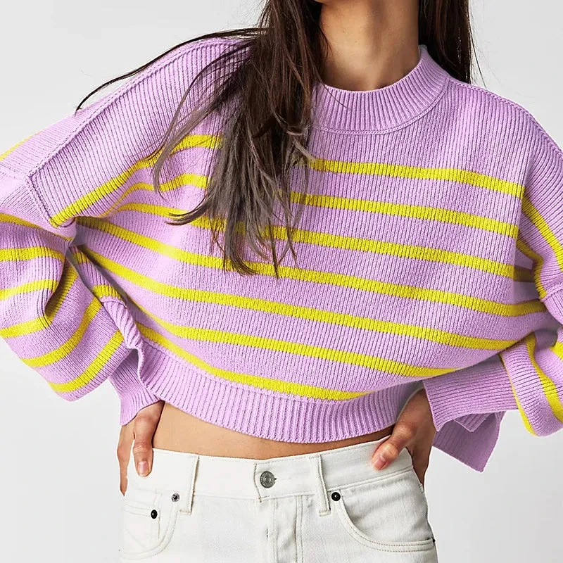 Flytonn-2000s Fashion Stripe Pullover Long Sleeve O Neck Knit Crop Sweater Autumn Women Loose Vintage Knitwear American Streetwear