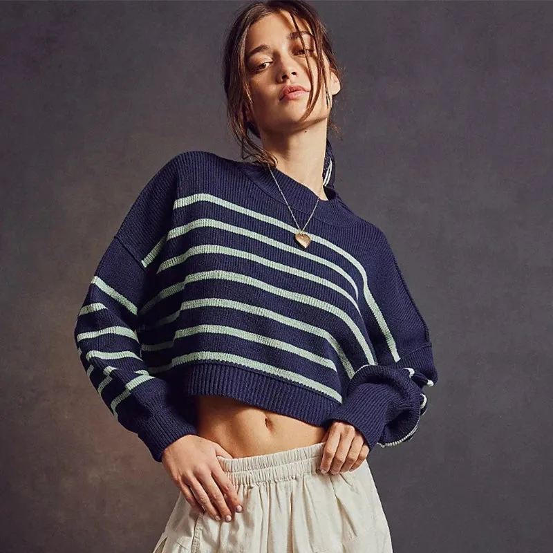 Flytonn-2000s Fashion Stripe Pullover Long Sleeve O Neck Knit Crop Sweater Autumn Women Loose Vintage Knitwear American Streetwear