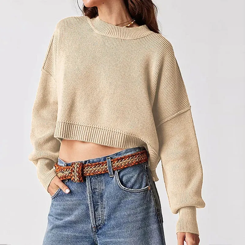 Flytonn-2000s Fashion Stripe Pullover Long Sleeve O Neck Knit Crop Sweater Autumn Women Loose Vintage Knitwear American Streetwear