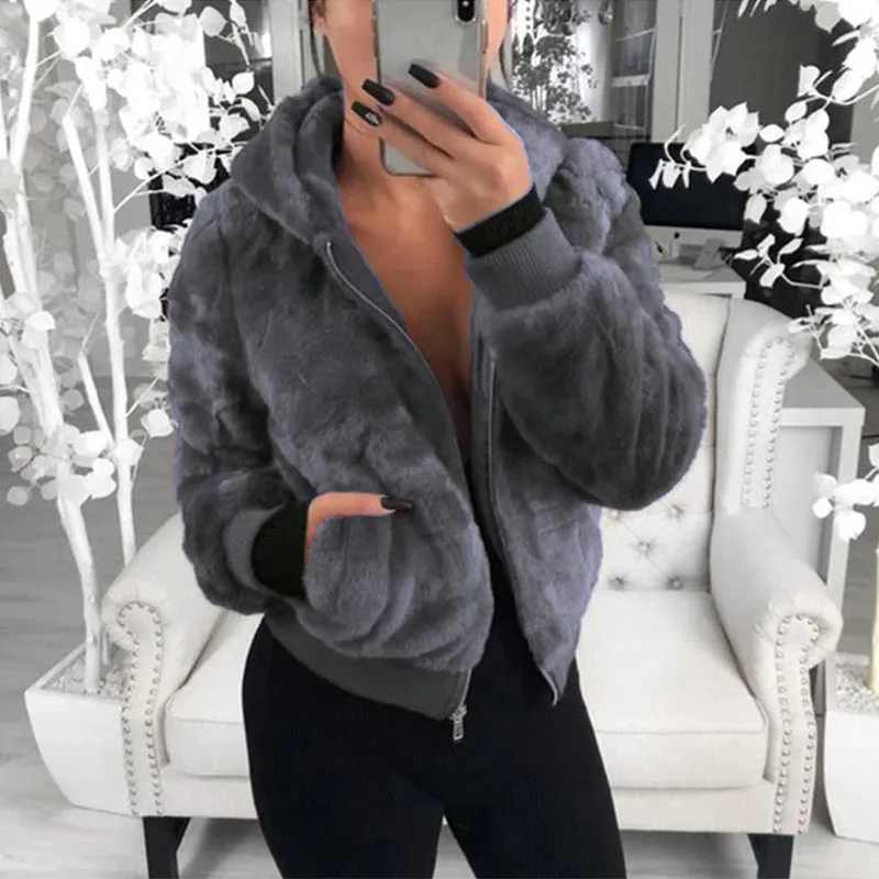 Flytonn-2023 Faux Fur Coat Women With Hood New Oversize Coats High Waist Female Slim Fit Overcoat Tops Winter Warm Plush Jackets Outwear