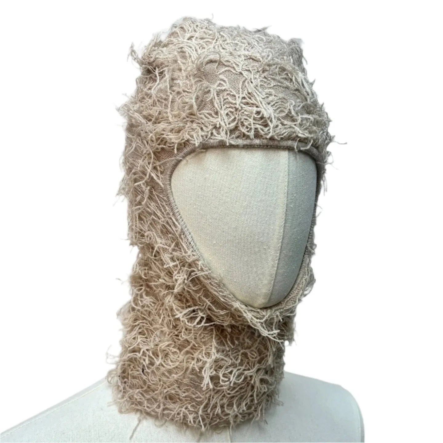 Fuzzy Shiesty Balaclava Distressed Knitted Full Face Ski Mask - Khaki