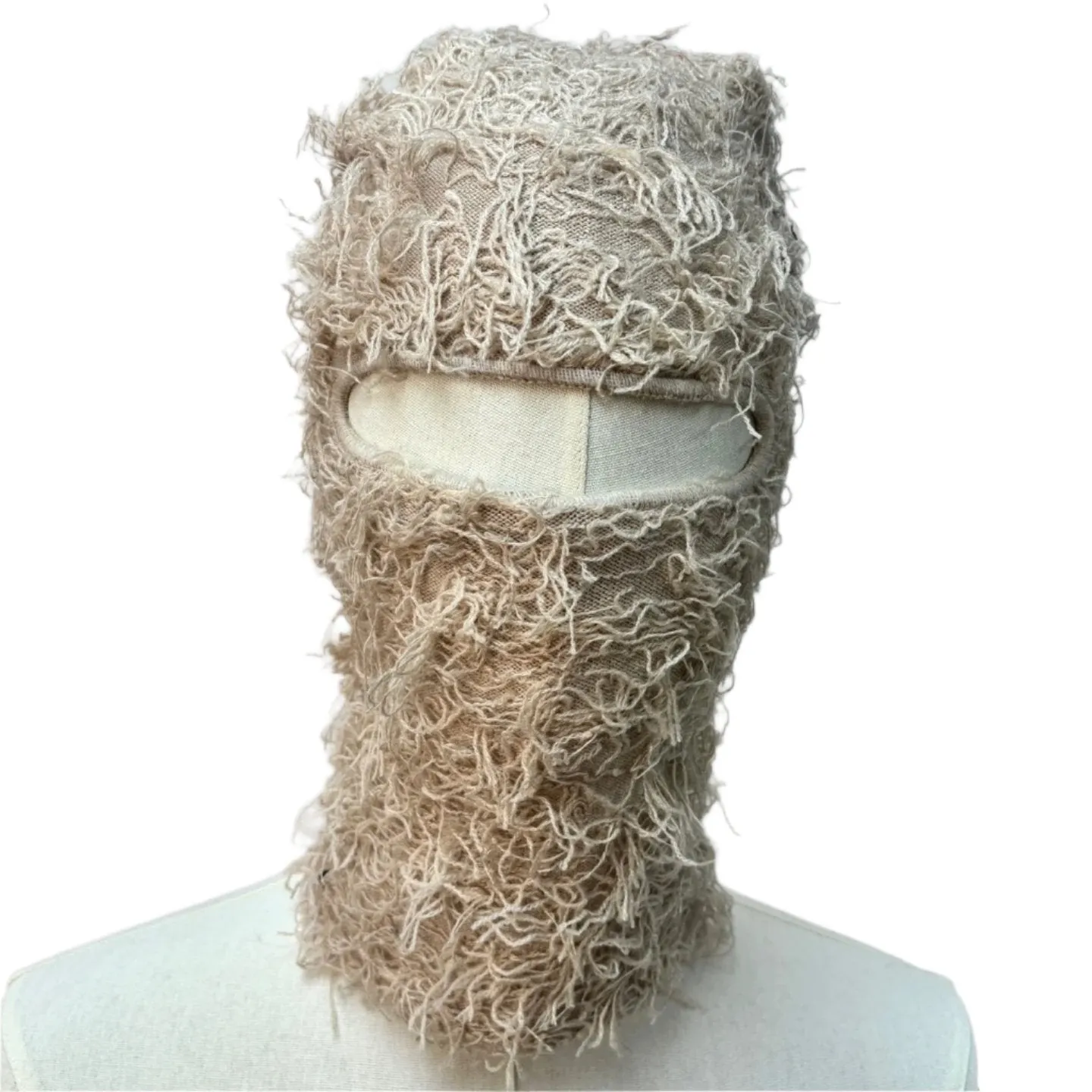 Fuzzy Shiesty Balaclava Distressed Knitted Full Face Ski Mask - Khaki