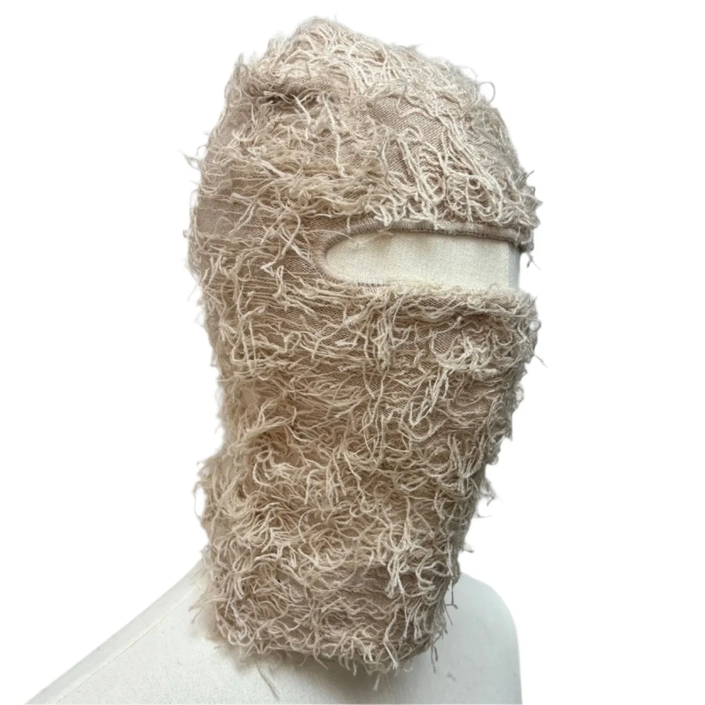 Fuzzy Shiesty Balaclava Distressed Knitted Full Face Ski Mask - Khaki