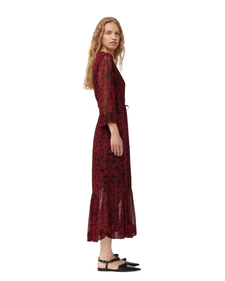 Ganni Red Print Georgette Wrap Midi Dress