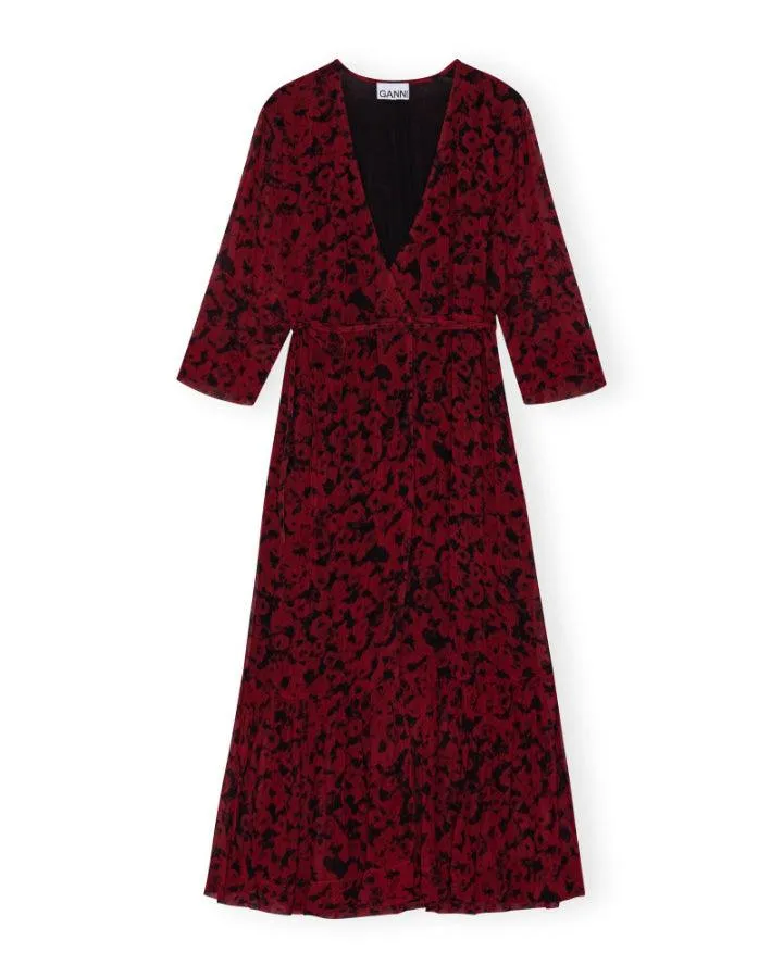 Ganni Red Print Georgette Wrap Midi Dress