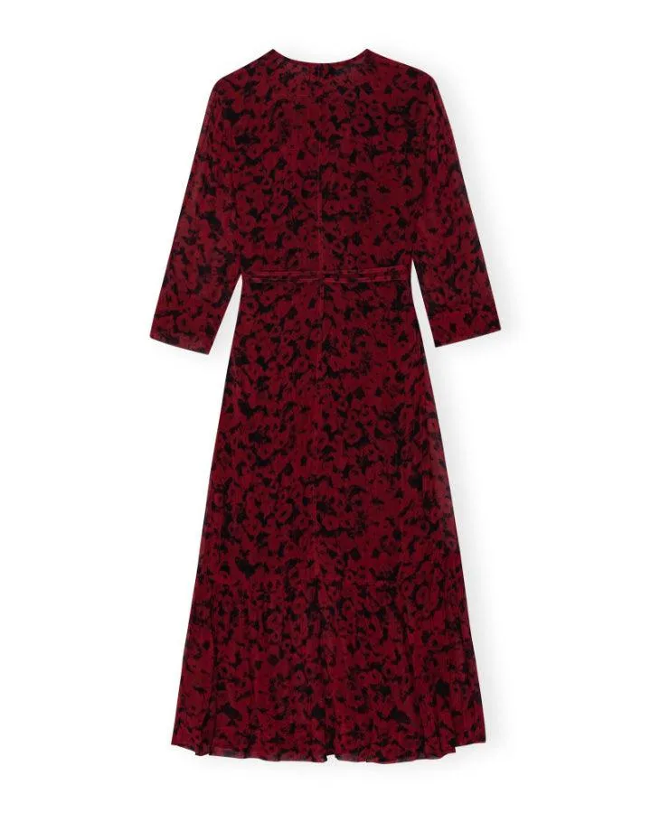 Ganni Red Print Georgette Wrap Midi Dress