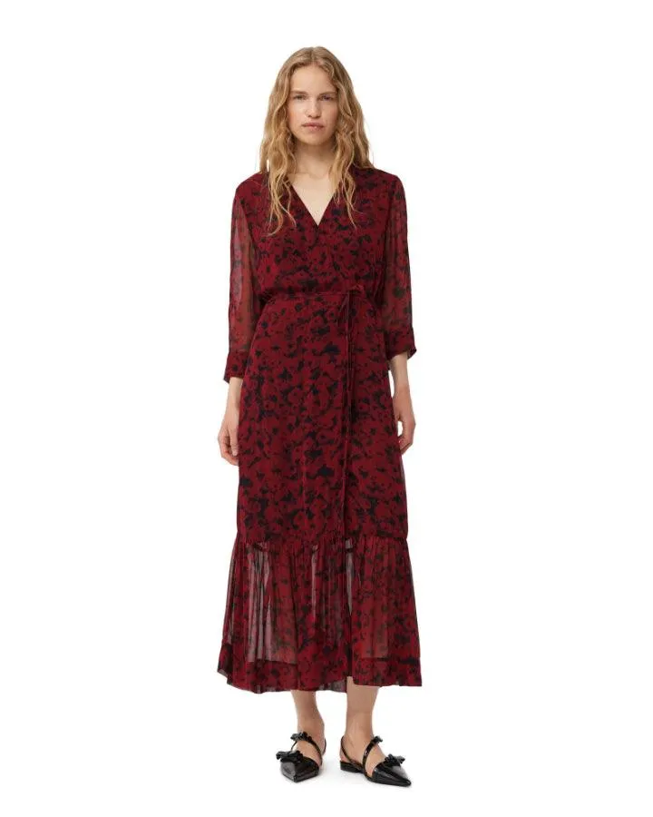 Ganni Red Print Georgette Wrap Midi Dress