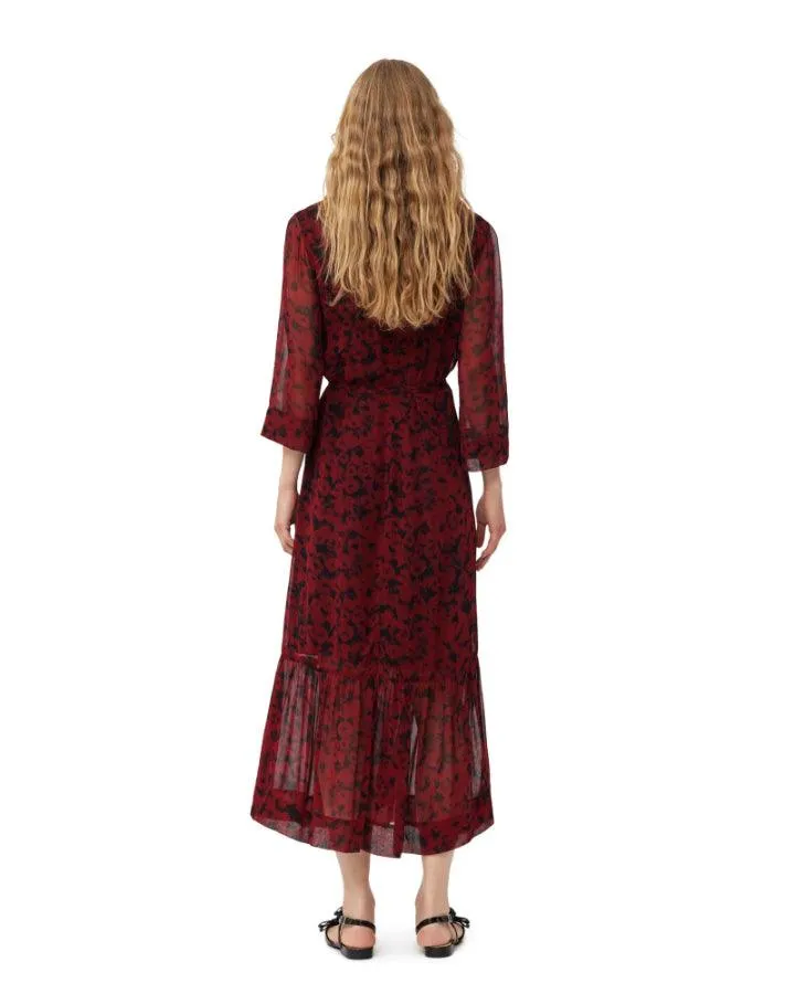 Ganni Red Print Georgette Wrap Midi Dress