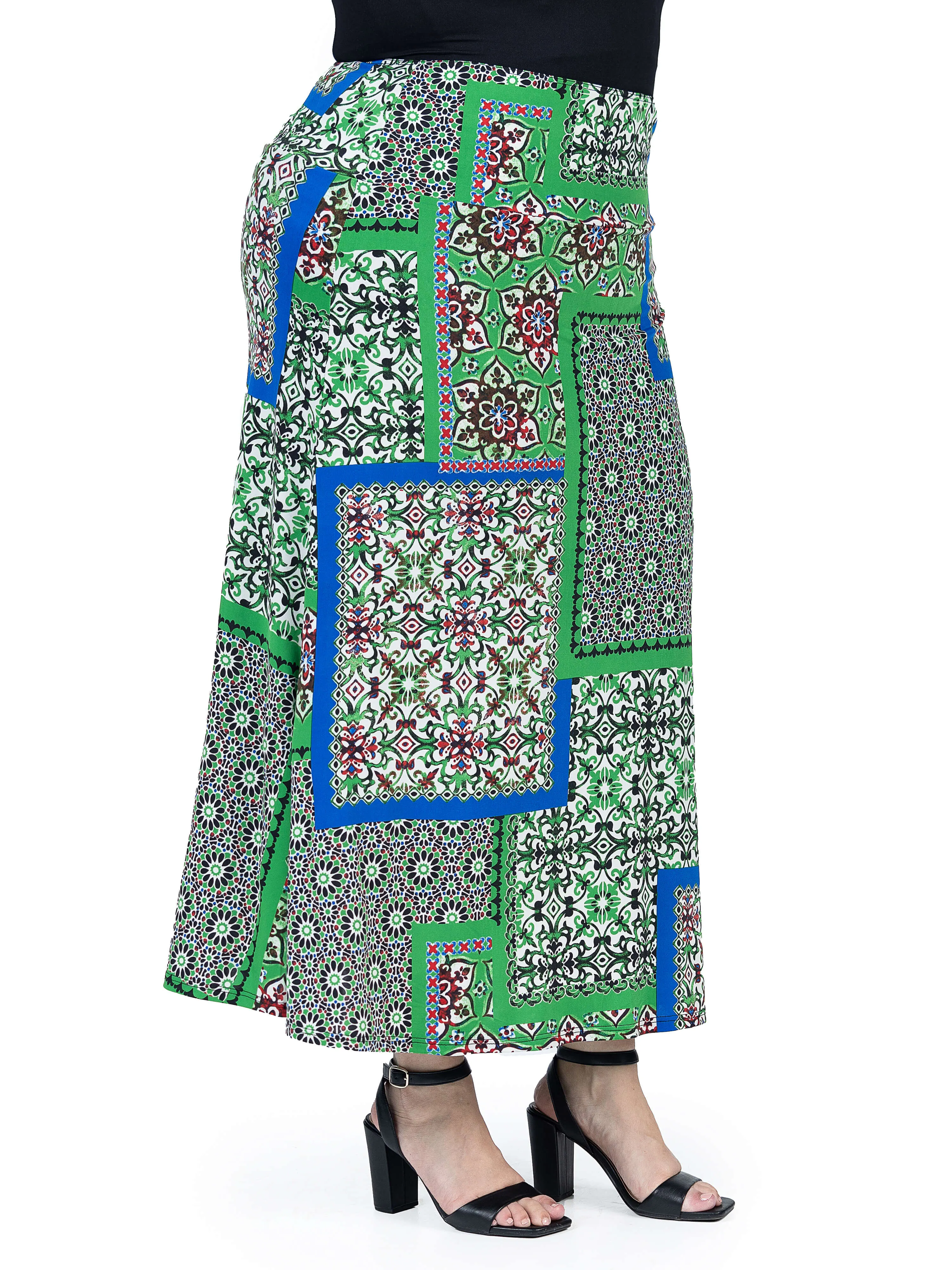 Green Scarf Print Plus Size  Elastic Waist Ankle Length Comfortable Maxi Skirt