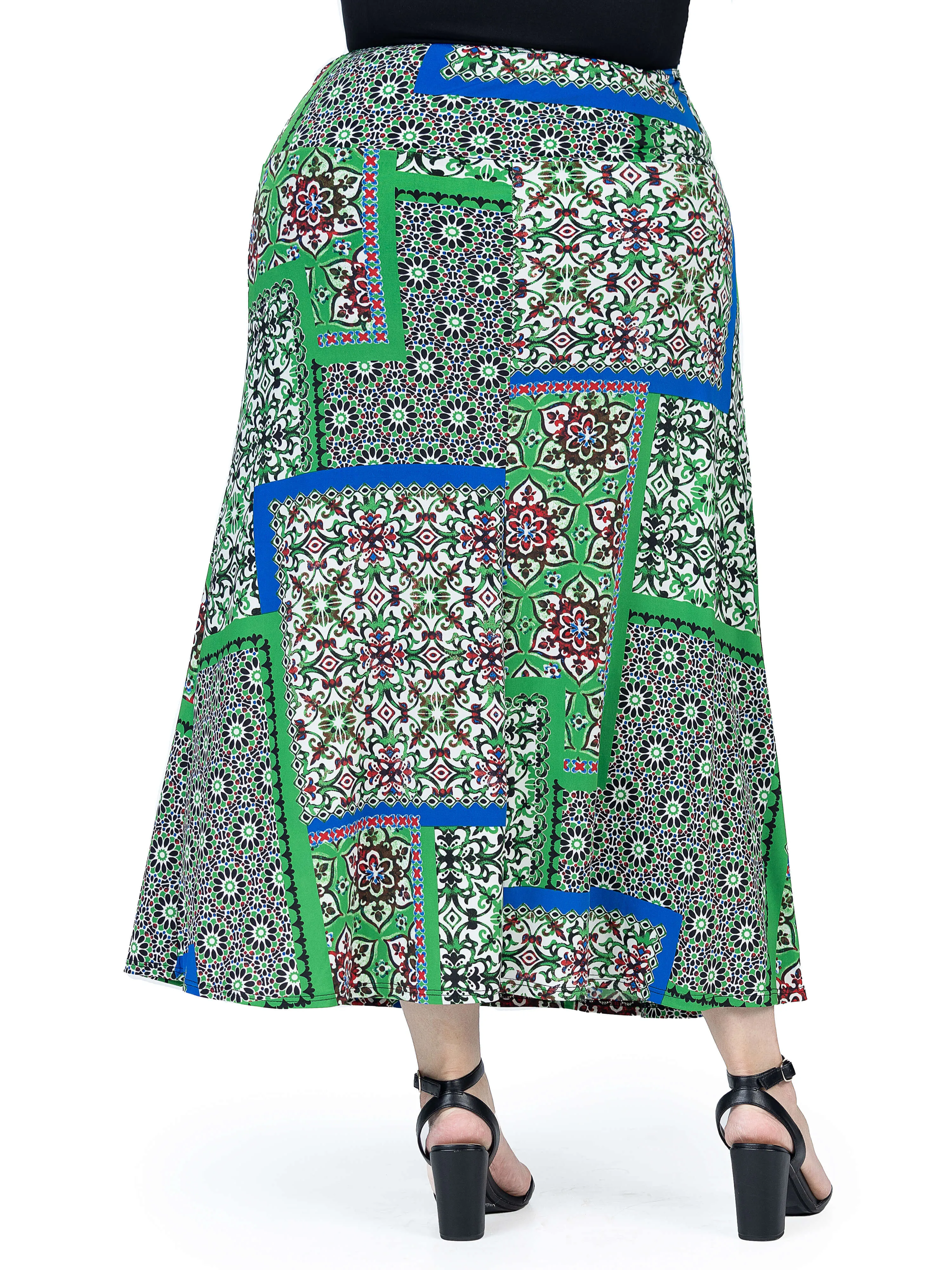 Green Scarf Print Plus Size  Elastic Waist Ankle Length Comfortable Maxi Skirt