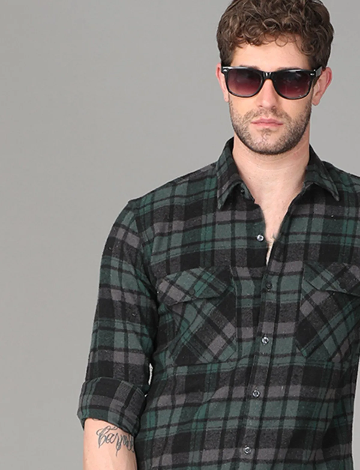 Grey, Black and Green Combo Checked Shirt