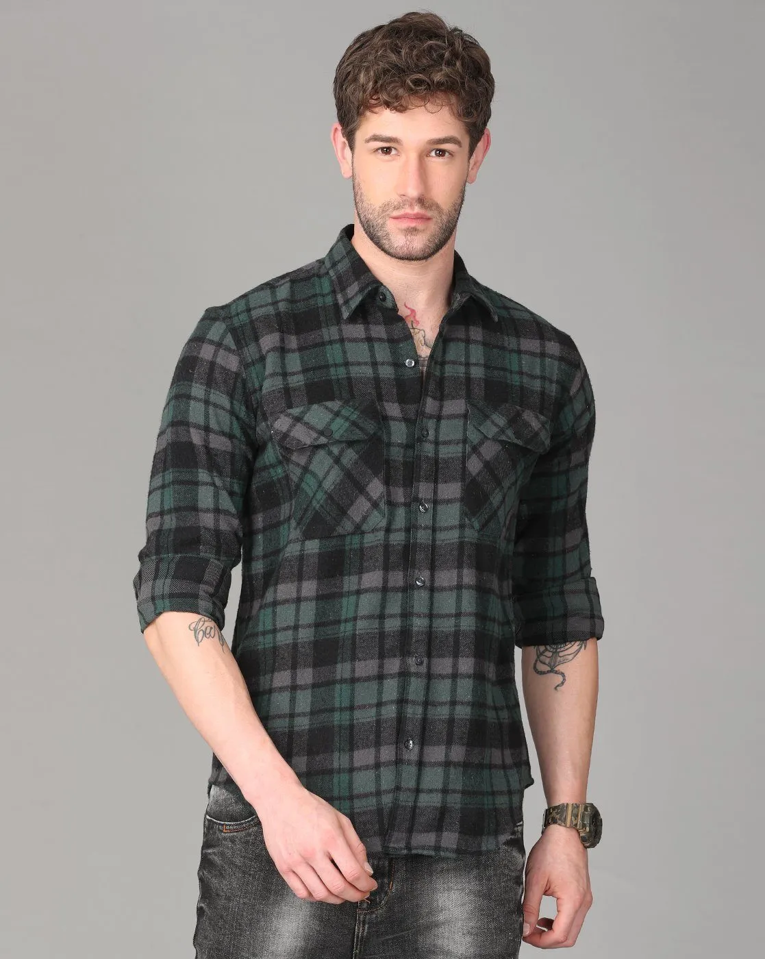 Grey, Black and Green Combo Checked Shirt