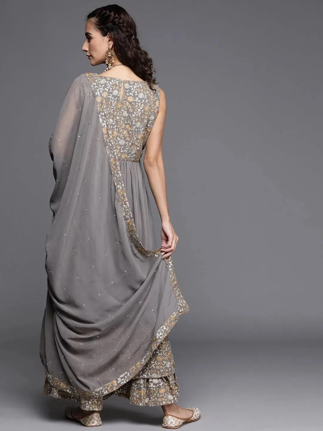 Grey Embroidered Georgette A-Line Kurta With Palazzos & Dupatta