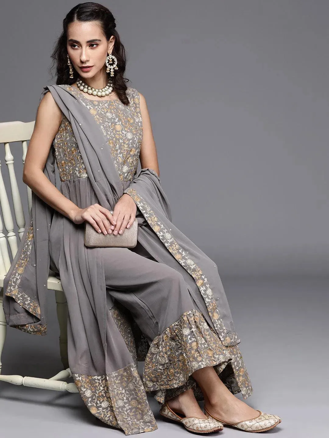 Grey Embroidered Georgette A-Line Kurta With Palazzos & Dupatta