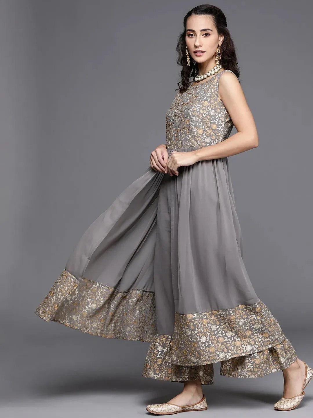 Grey Embroidered Georgette A-Line Kurta With Palazzos & Dupatta