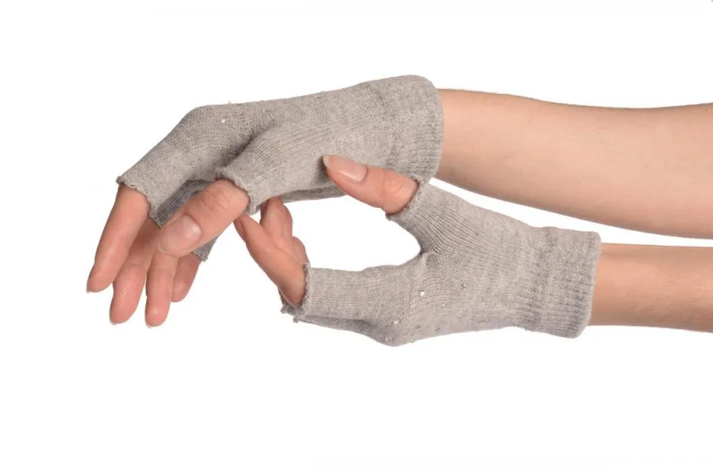 Grey Gloves & Fingerless Gloves With Crystals (2 Pairs Set)