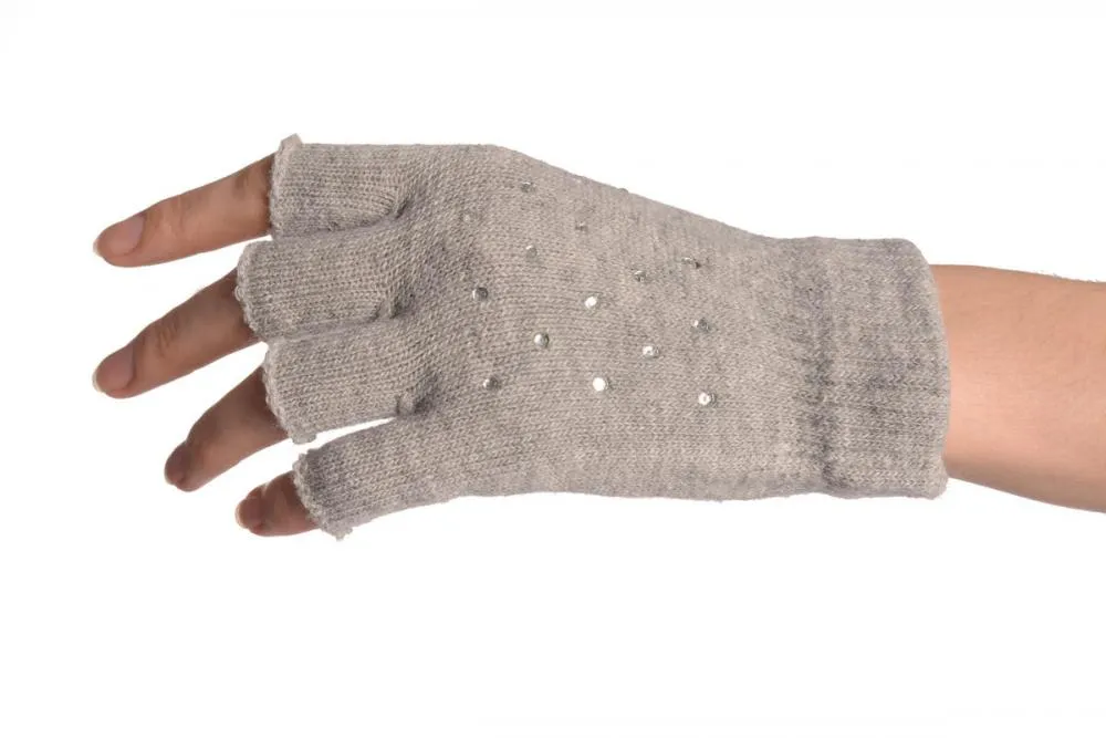 Grey Gloves & Fingerless Gloves With Crystals (2 Pairs Set)