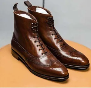 Handmade Men's Ankle Brown Leather Wing Tip lace Up Boot