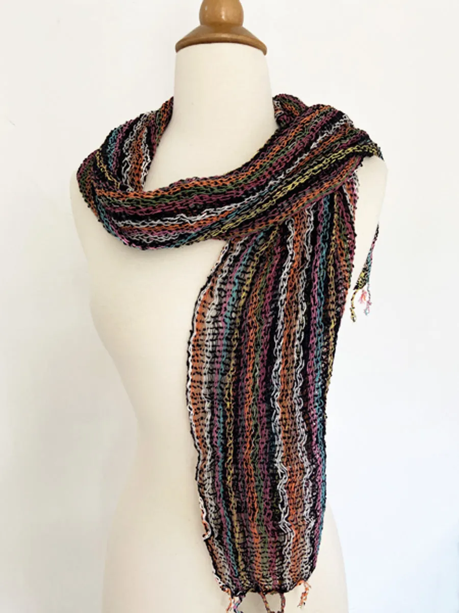 Handwoven Open Weave Cotton Scarf - Multi Black Turquiose