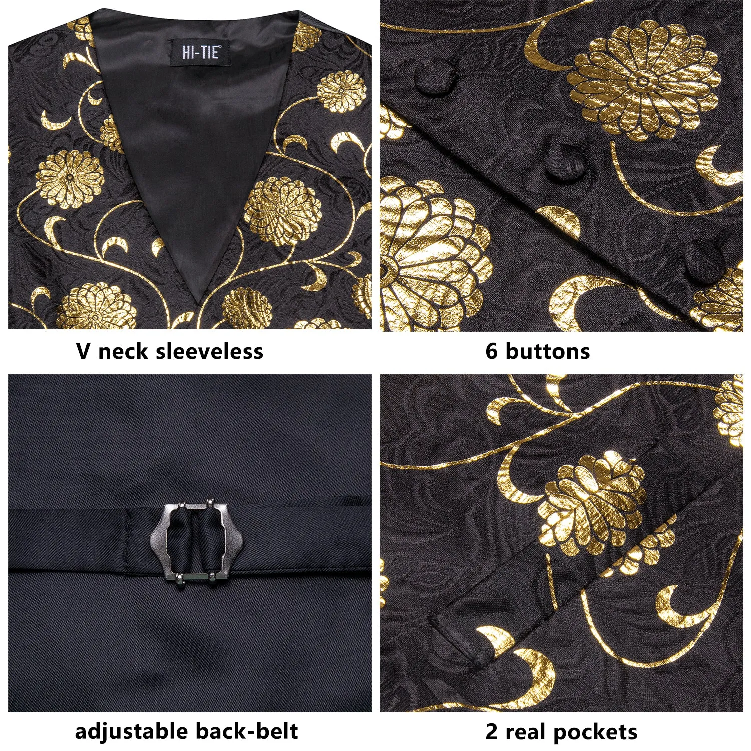 Hi-Tie Black Gold Floral Men's Vest Necktie Hanky Cufflinks Tie Set