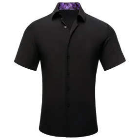 Hi-Tie Black Solid Purple Paisley Collar Silk Men's Short Sleeve Shirt