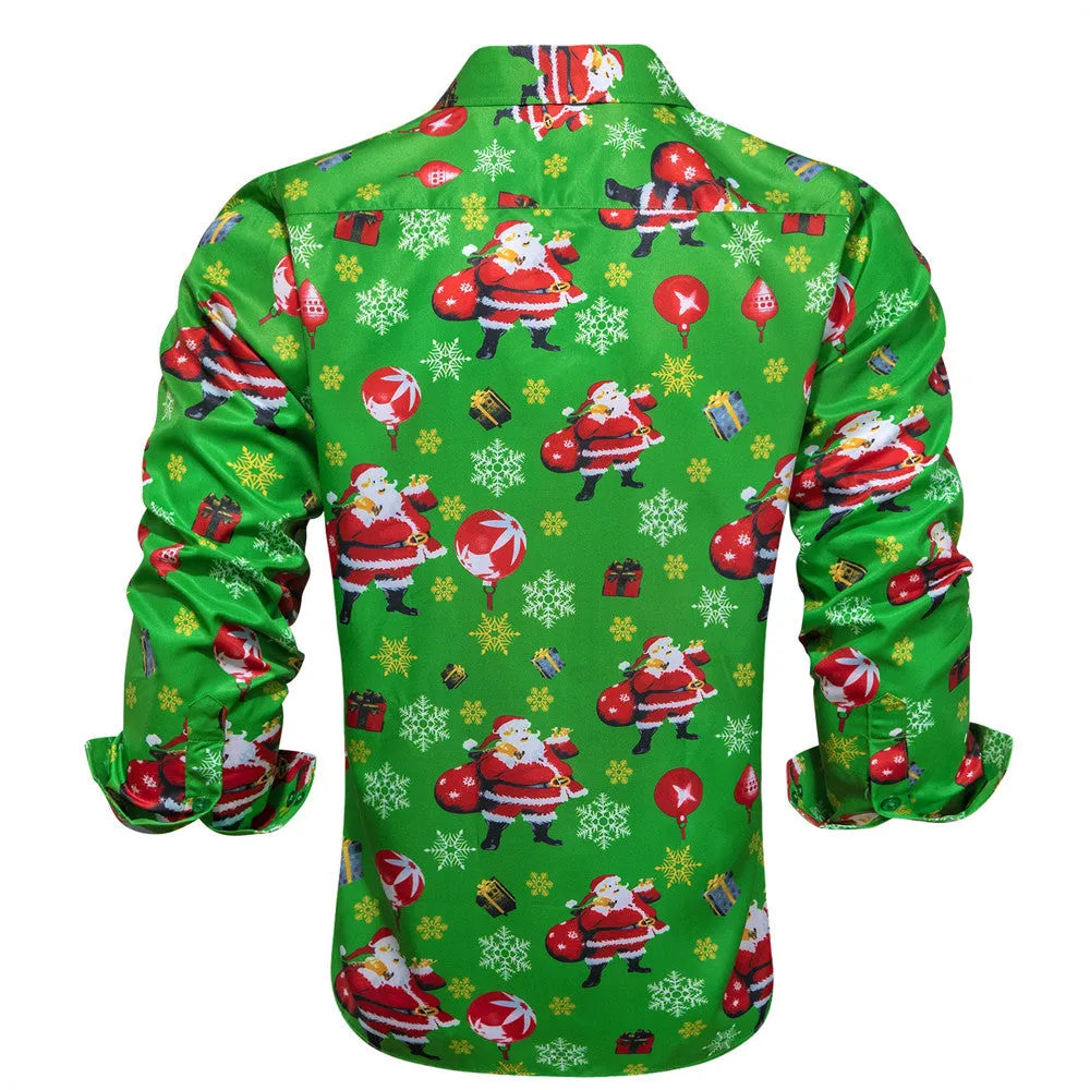 Hi-Tie Green Snow Santa Claus Christmas Silk Button-Down Long Sleeve Shirt