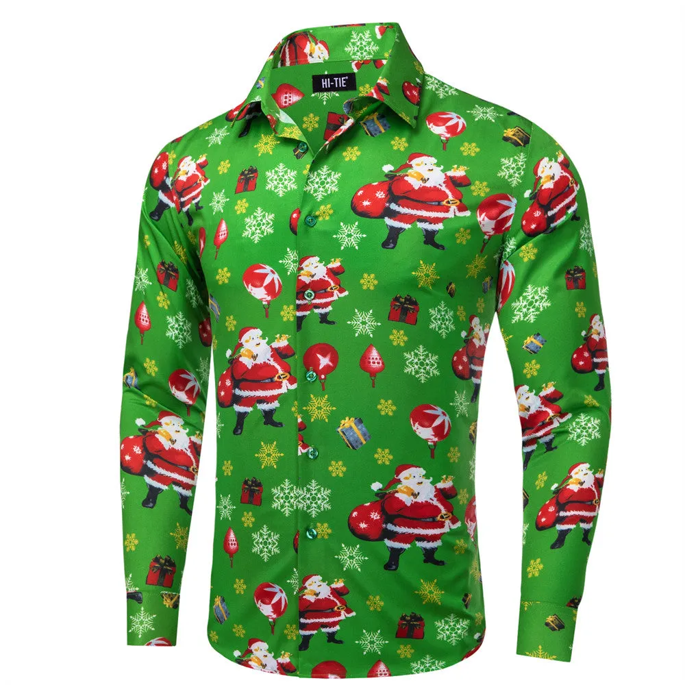 Hi-Tie Green Snow Santa Claus Christmas Silk Button-Down Long Sleeve Shirt