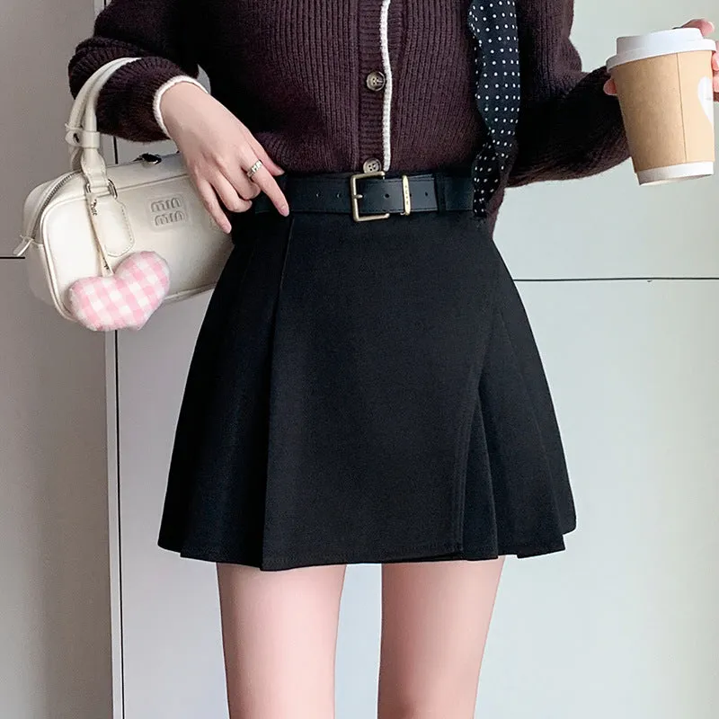 Hnzxzm black skirt outfit fall Woolen Short Skirt for Women 2024 Winter Woolen A- line Skirt High Waist Anti-Exposure Shorts Pleated Skirt for Women