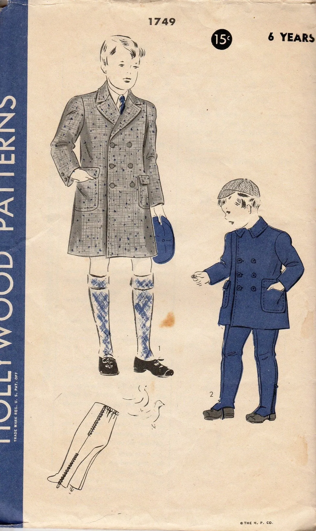 Hollywood 1749 Boys Double Breasted Coat with Leggings Vintage 1940's Sewing Pattern