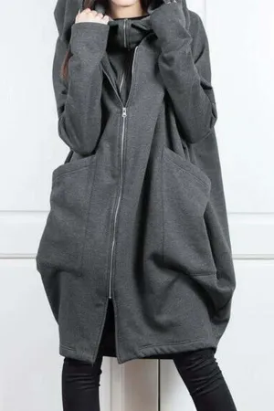 Hooded Pocket Zipper Mid-Length Cardigan