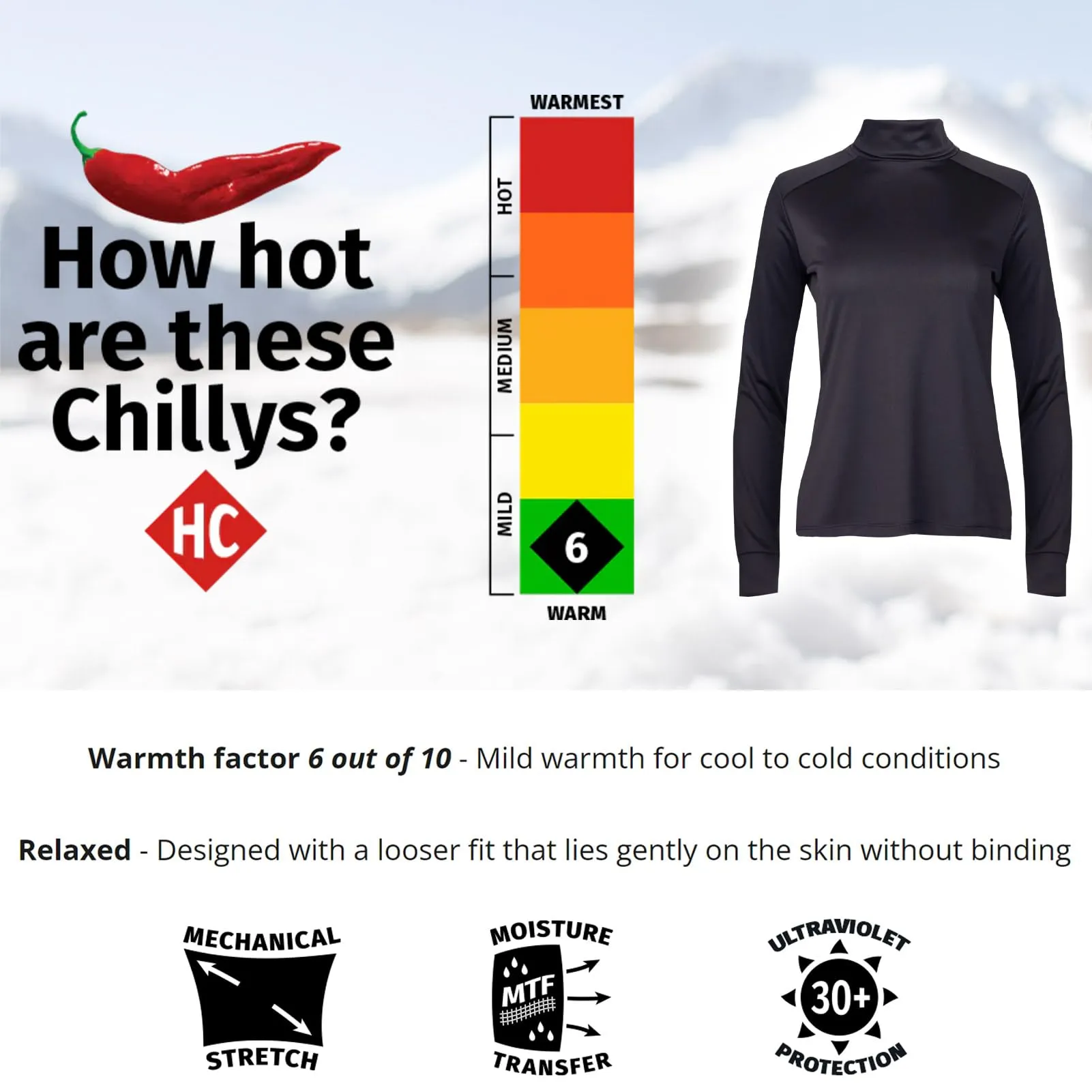 Hot Chillys Wopeach Skins Solid T-Neck Womens Black X-Large