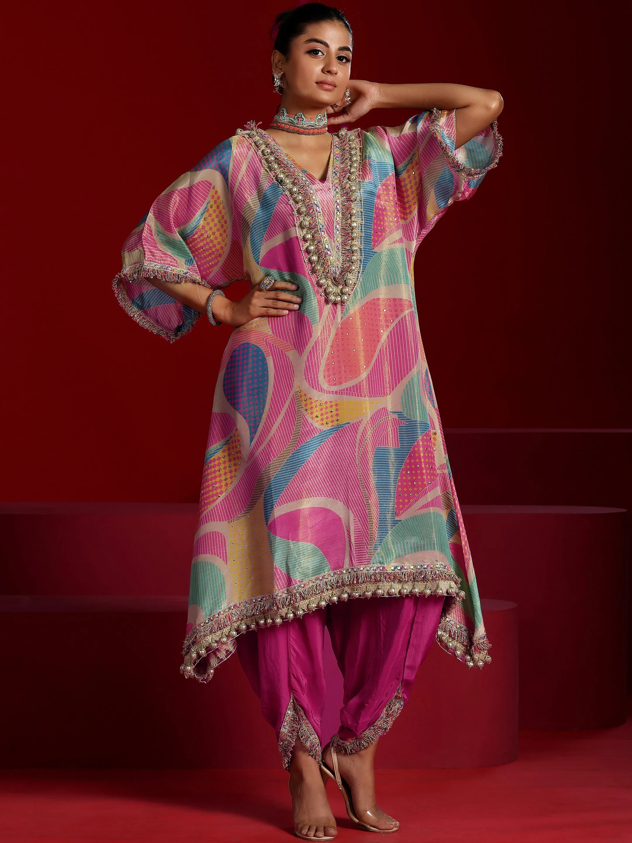 Jashvi Art Multi Printed Tissue A-Line Kurta With Dhoti Pants