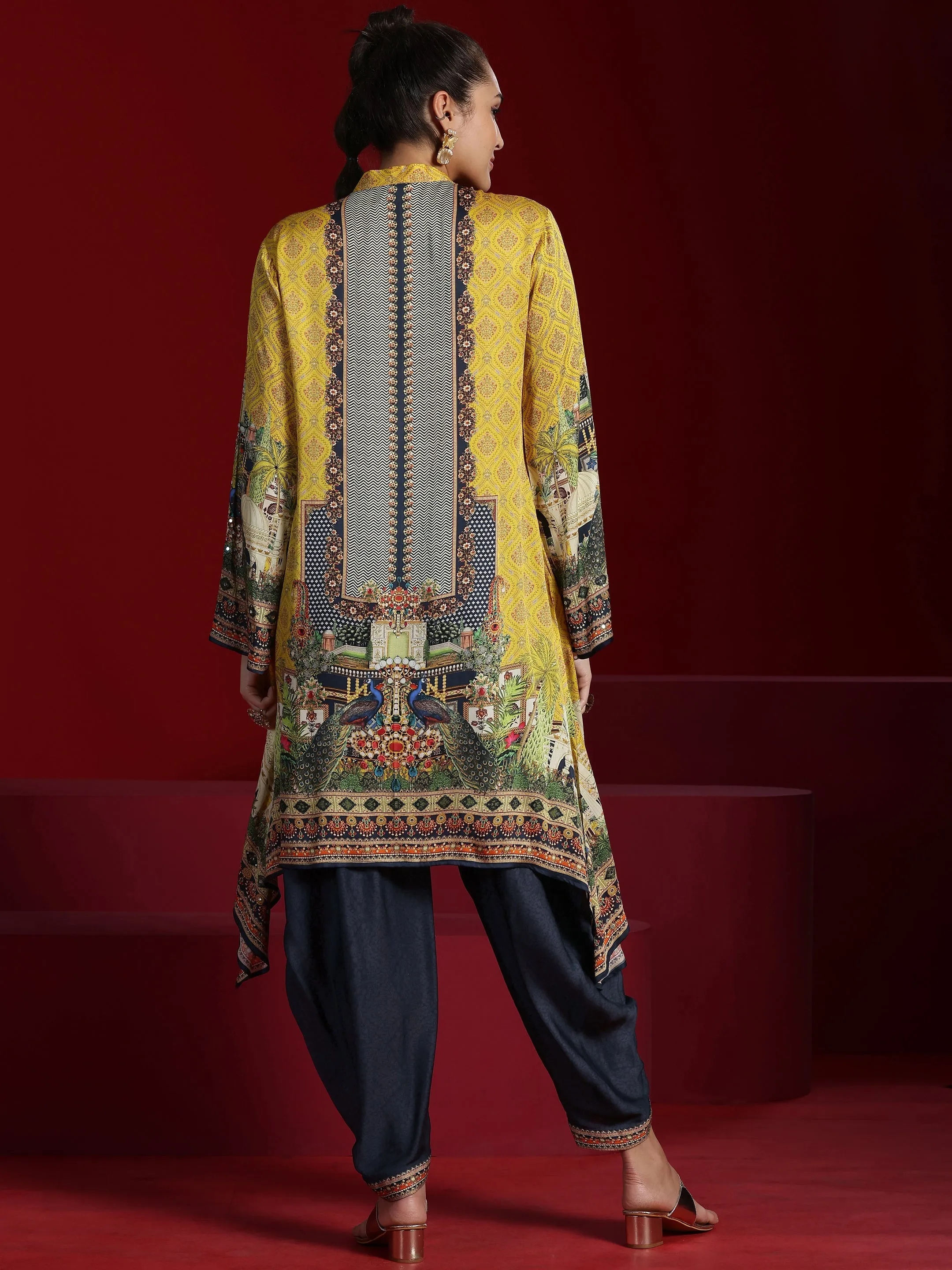 Jashvi Art Mustard Printed Silk Blend Straight Kurta With Dhoti Pants