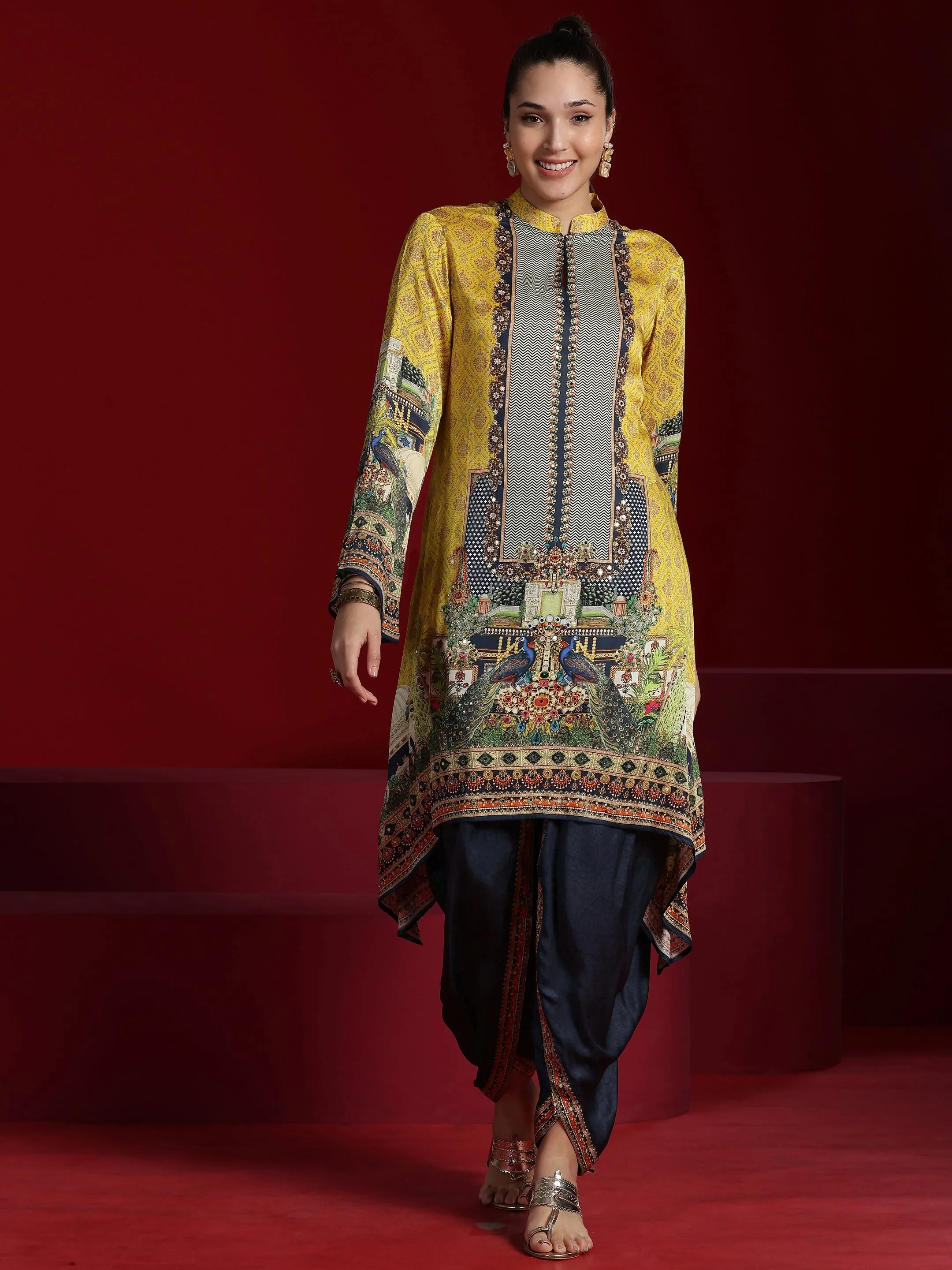 Jashvi Art Mustard Printed Silk Blend Straight Kurta With Dhoti Pants