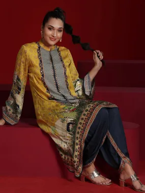 Jashvi Art Mustard Printed Silk Blend Straight Kurta With Dhoti Pants