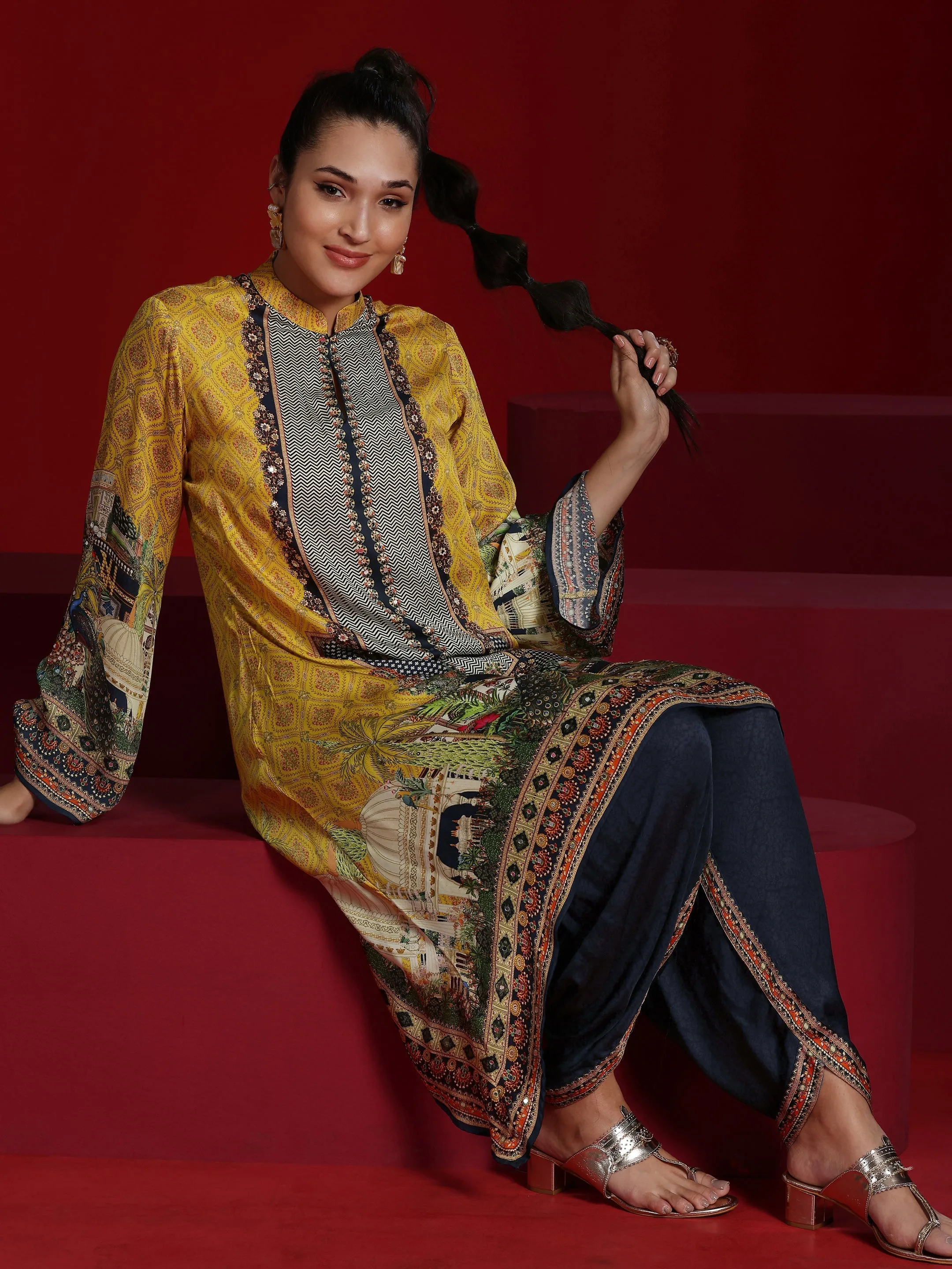 Jashvi Art Mustard Printed Silk Blend Straight Kurta With Dhoti Pants