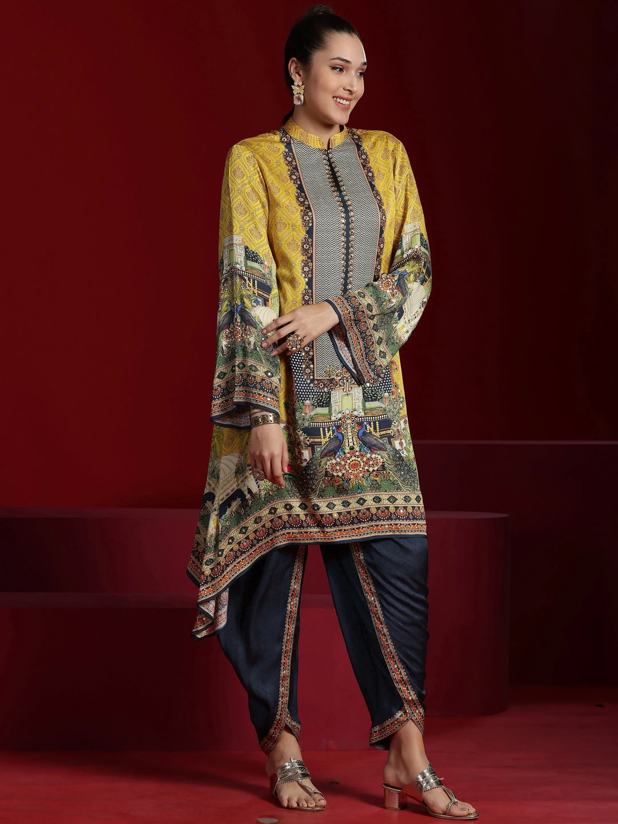 Jashvi Art Mustard Printed Silk Blend Straight Kurta With Dhoti Pants