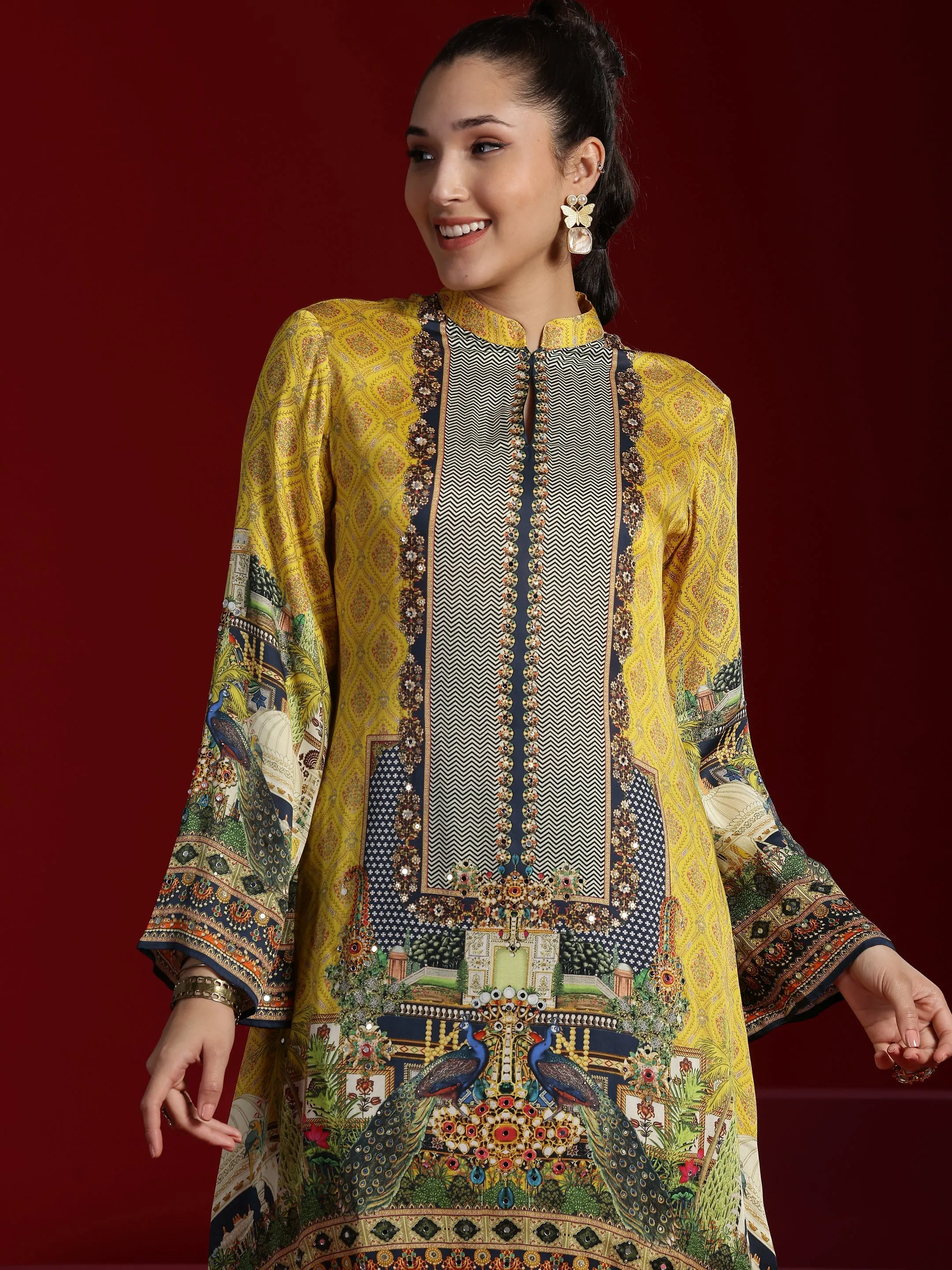 Jashvi Art Mustard Printed Silk Blend Straight Kurta With Dhoti Pants