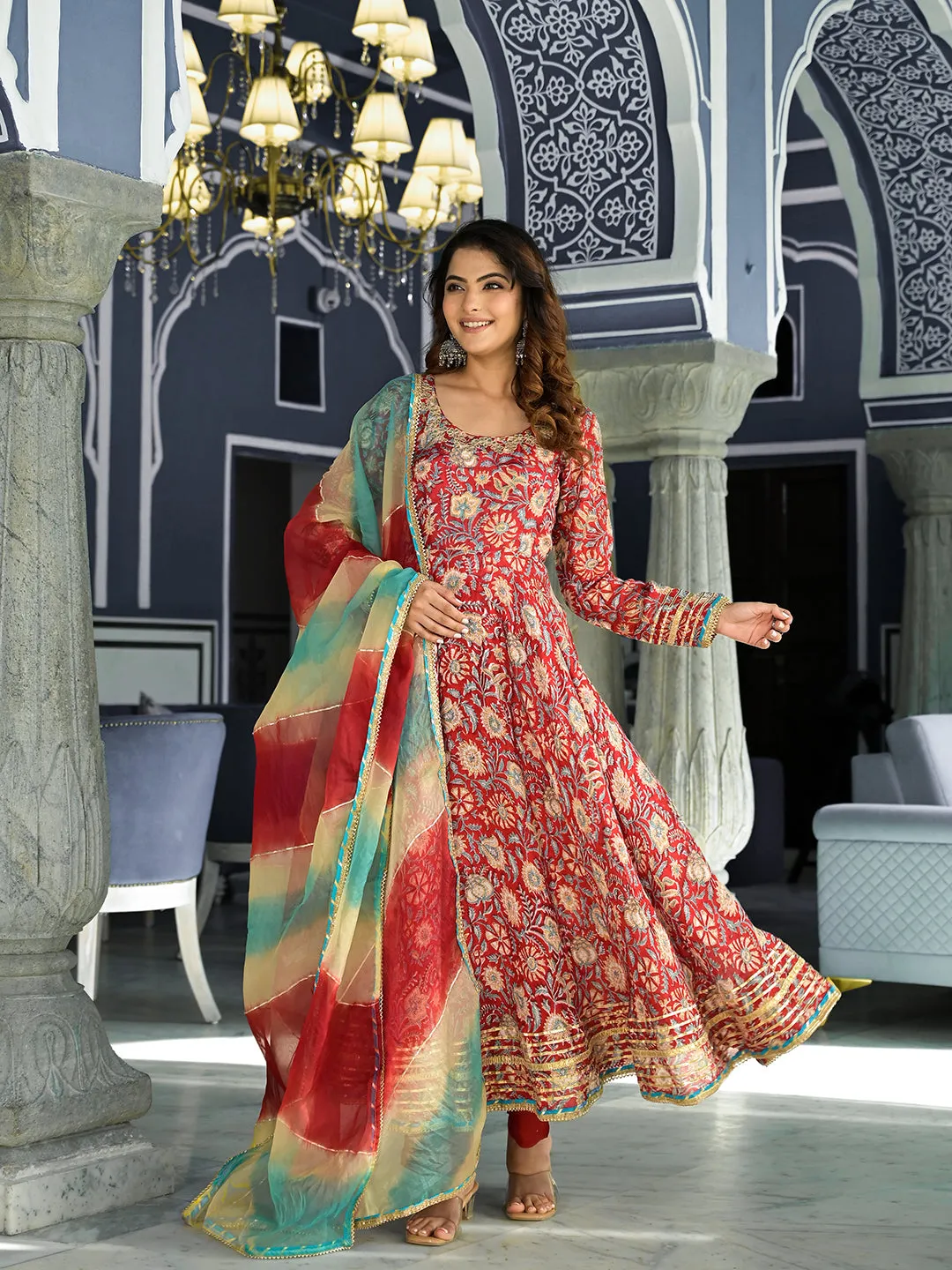 Jashvi Red Floral Printed Anarkali Muslin Kurta Trouser with Dupatta Set